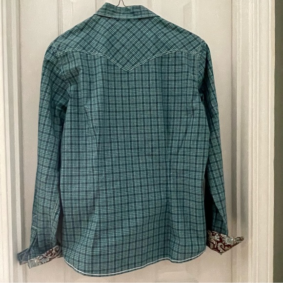 Panhandle Rough Stock turquoise and brown plaid long-sleeve western shirt, Med - Picture 7 of 9
